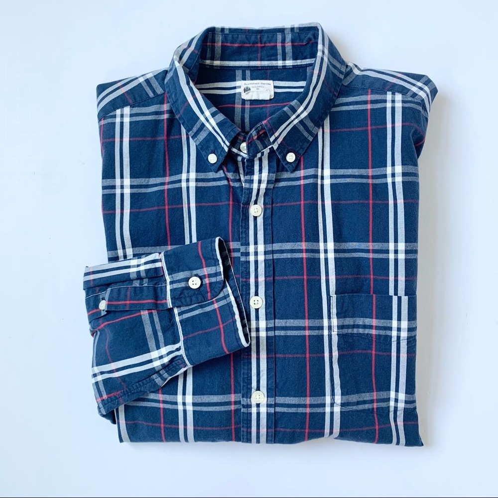 J. Crew Navy Plaid Tailored Fit Button Down Shirt Size Large